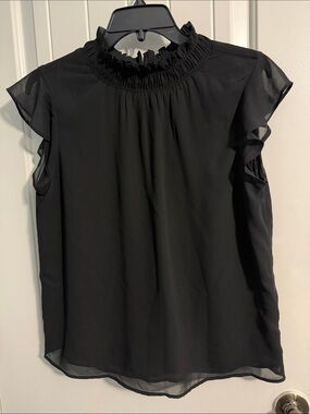 BCBG Black Ruffled Mock-Neck Flutter Sleeve Blouse